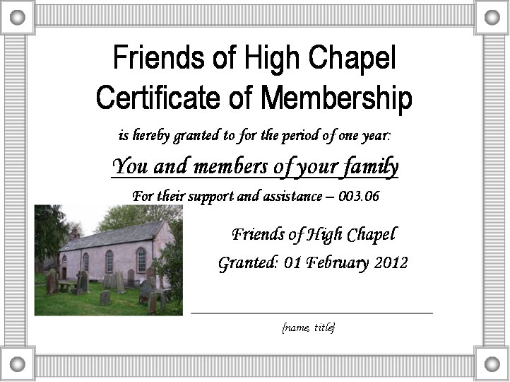 Friends of High Chapel certificate